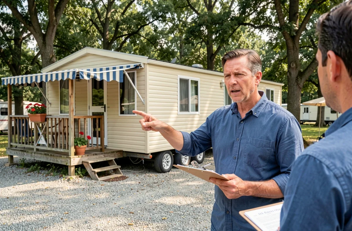 Expert évaluant un mobil home sur son emplacement de camping lors d'une estimation avant rachat