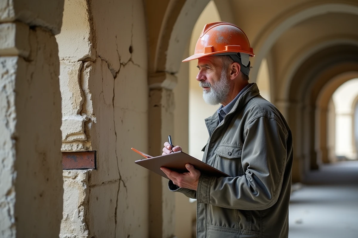 Expert en bâtiment inspectant les murs endommagés d'un château abandonné lors d'un diagnostic de travaux