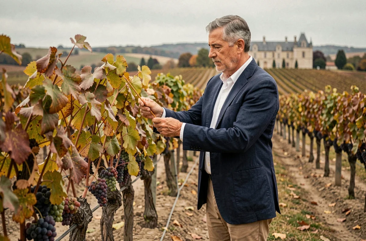 Expert viticole examinant les vignes dans un domaine bordelais à vendre lors d'une évaluation de propriété