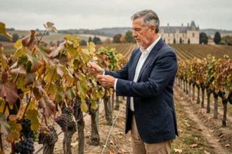 Expert viticole examinant les vignes dans un domaine bordelais à vendre lors d'une évaluation de propriété