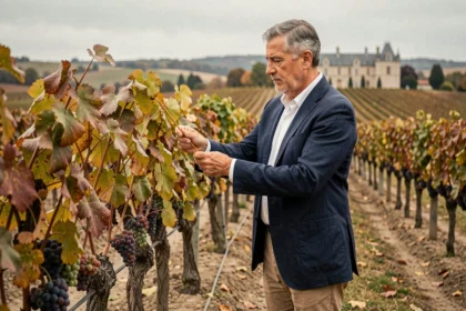 Expert viticole examinant les vignes dans un domaine bordelais à vendre lors d'une évaluation de propriété