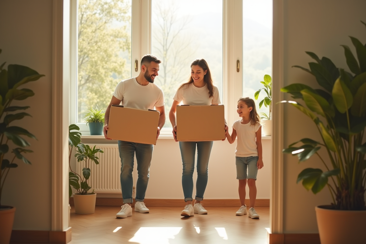Famille heureuse emmenant des cartons dans un appartement lumineux