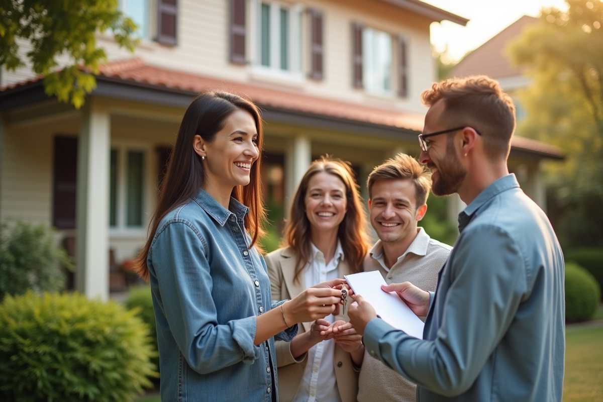 Famille souriante recevant les clés devant leur maison avec un agent d