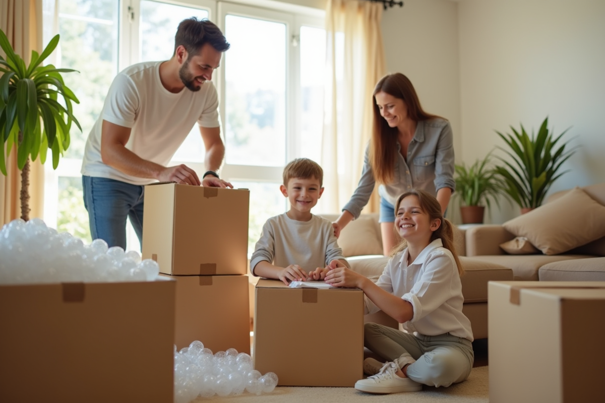 Famille emballant des cartons dans un salon ensoleille