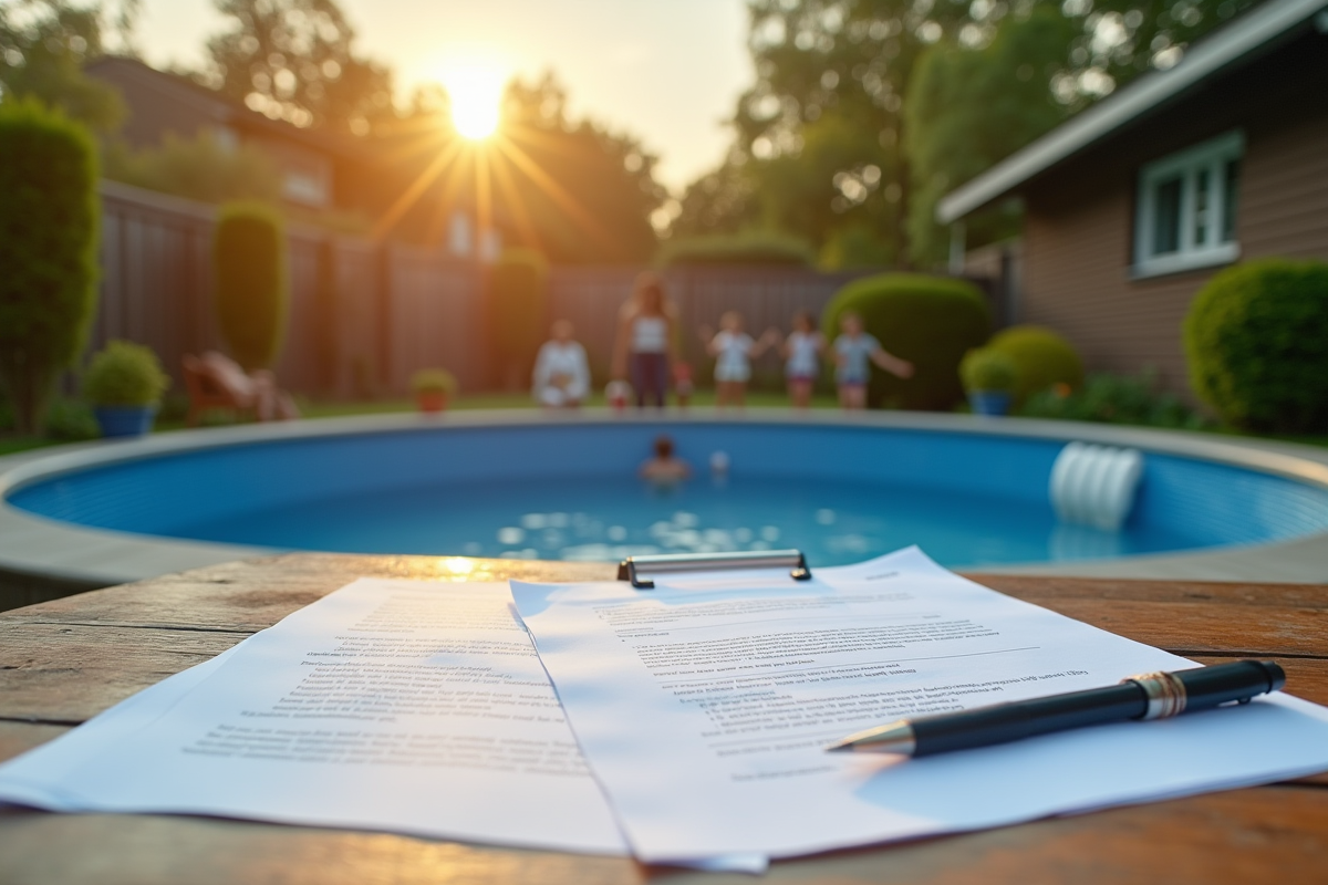 Famille installant une piscine hors sol dans leur jardin ensoleille