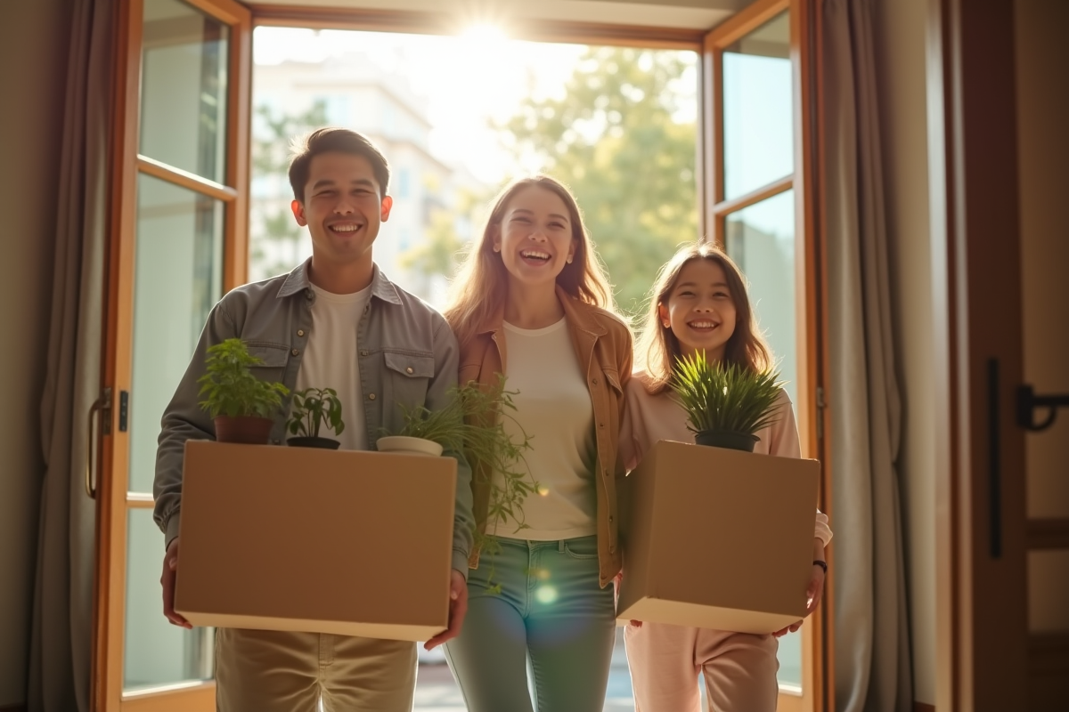 Famille souriante emménageant dans un appartement lumineux
