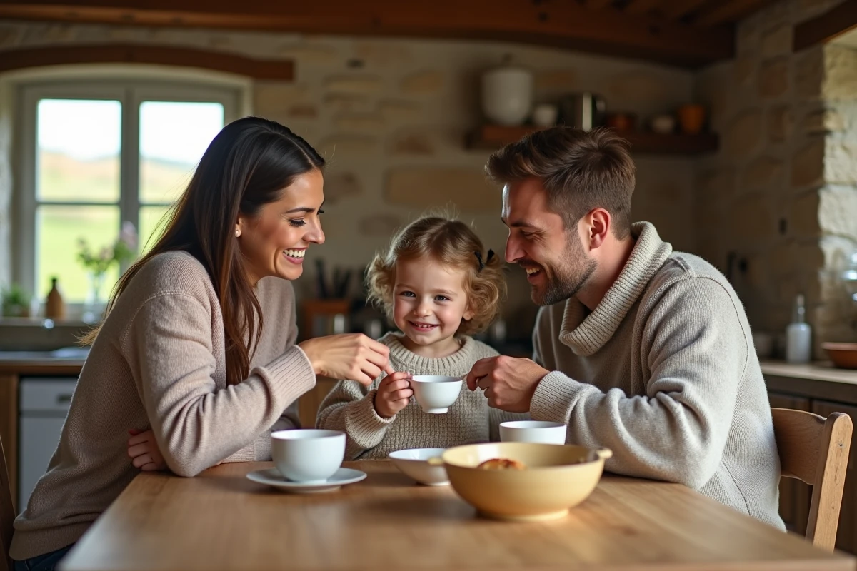 Famille dans cuisine normande au petit d&eacute;jeuner