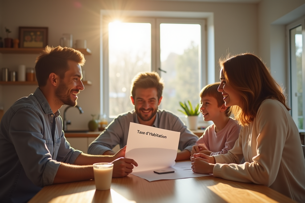 Famille souriante avec document taxe habitation dans cuisine moderne
