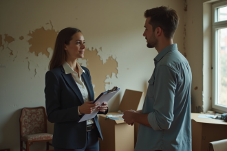 Femme d affaires discutant avec un jeune homme dans un appartement usé