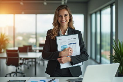 Femme d'affaires souriante avec dossier financier dans un bureau moderne