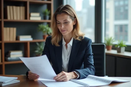 Femme d'affaires en costume bleu examine des documents de location