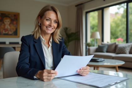 Femme en costume bleu dans un intérieur luxueux immobilier