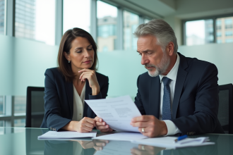 Femme d'affaires examinant des documents de prêt immobilier