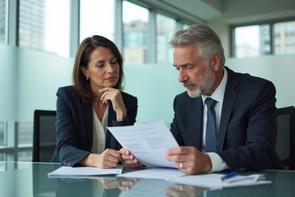Femme d'affaires examinant des documents de prêt immobilier