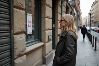 Femme d'âge moyen regardant une annonce de vente d'appartement vacant