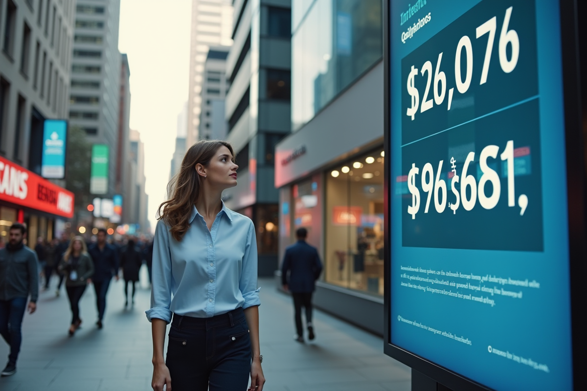 Jeune femme passant devant une banque en ville