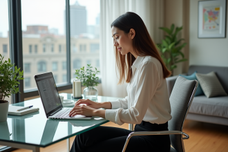 Jeune femme professionnelle travaillant à son bureau lumineux