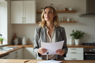 Femme avec papiers et clés dans une cuisine lumineuse