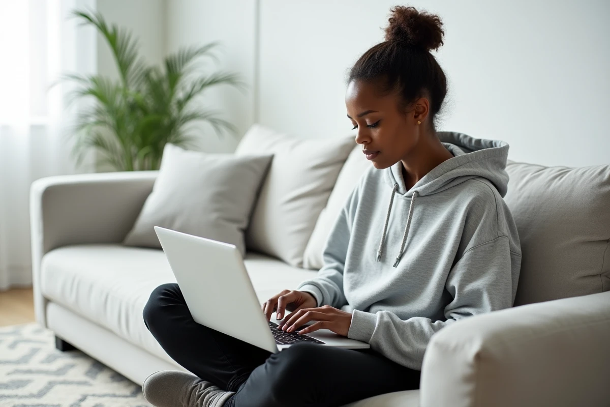 Femme consultant le site Bim Vup sur son ordinateur portable dans un salon moderne