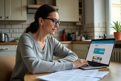 Femme consultant la plateforme LOC'annonces sur un ordinateur portable pour une mutation de logement HLM