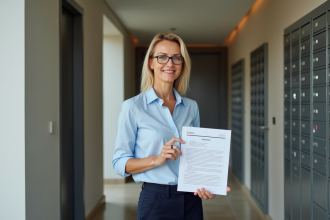 Femme tenant un contrat de location près d'une boîte aux lettres