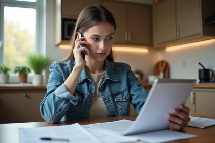 Femme en discussion t&eacute;l&eacute;phonique avec documents de location