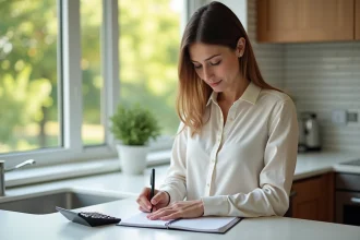 Femme en cuisine faisant des calculs de conversion