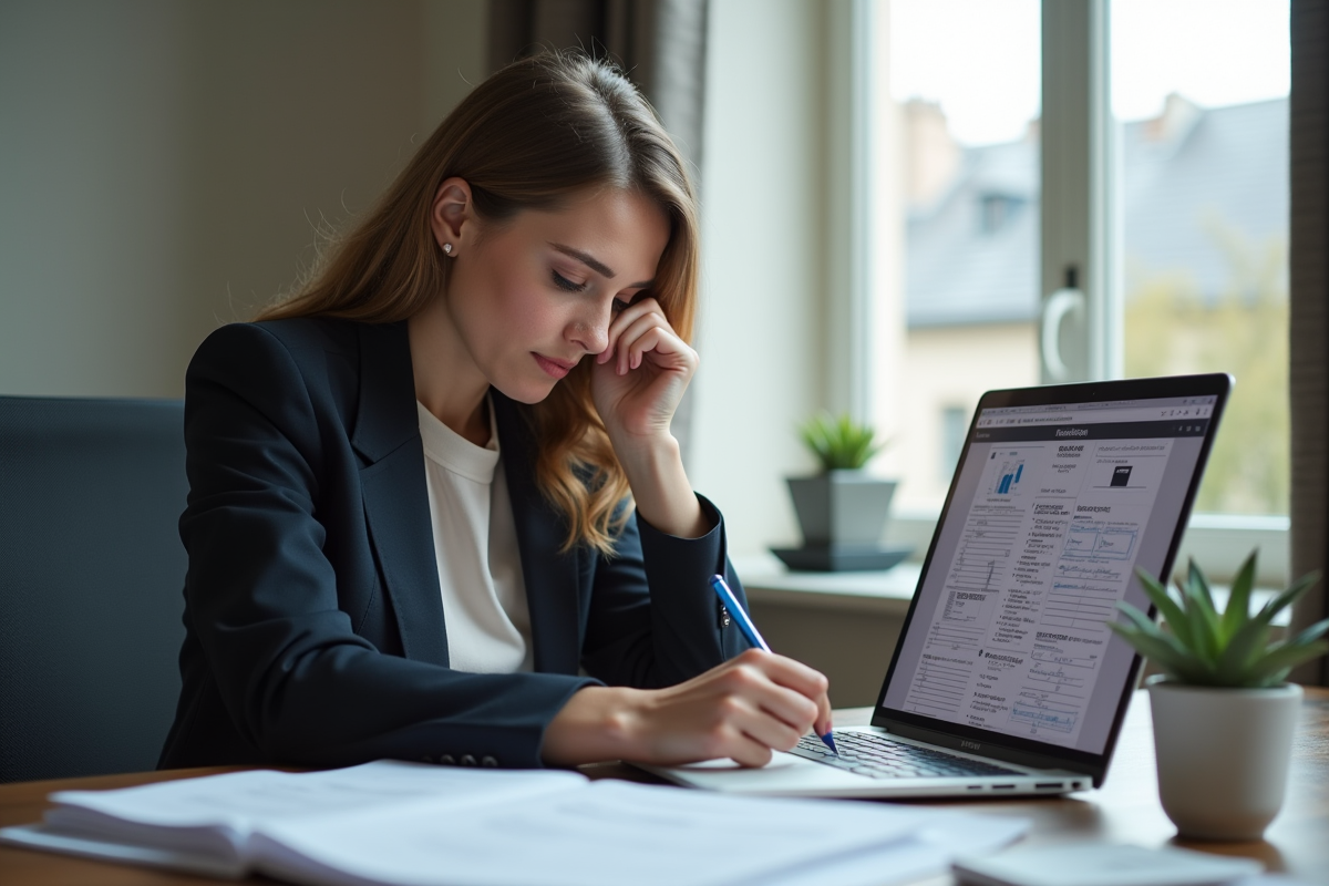 Jeune femme travaillant sur déclaration fiscale dans un bureau