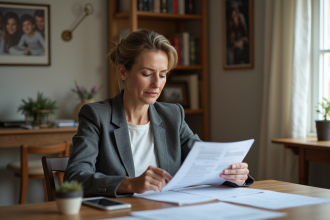 Femme d'âge moyen examinant des documents à la maison
