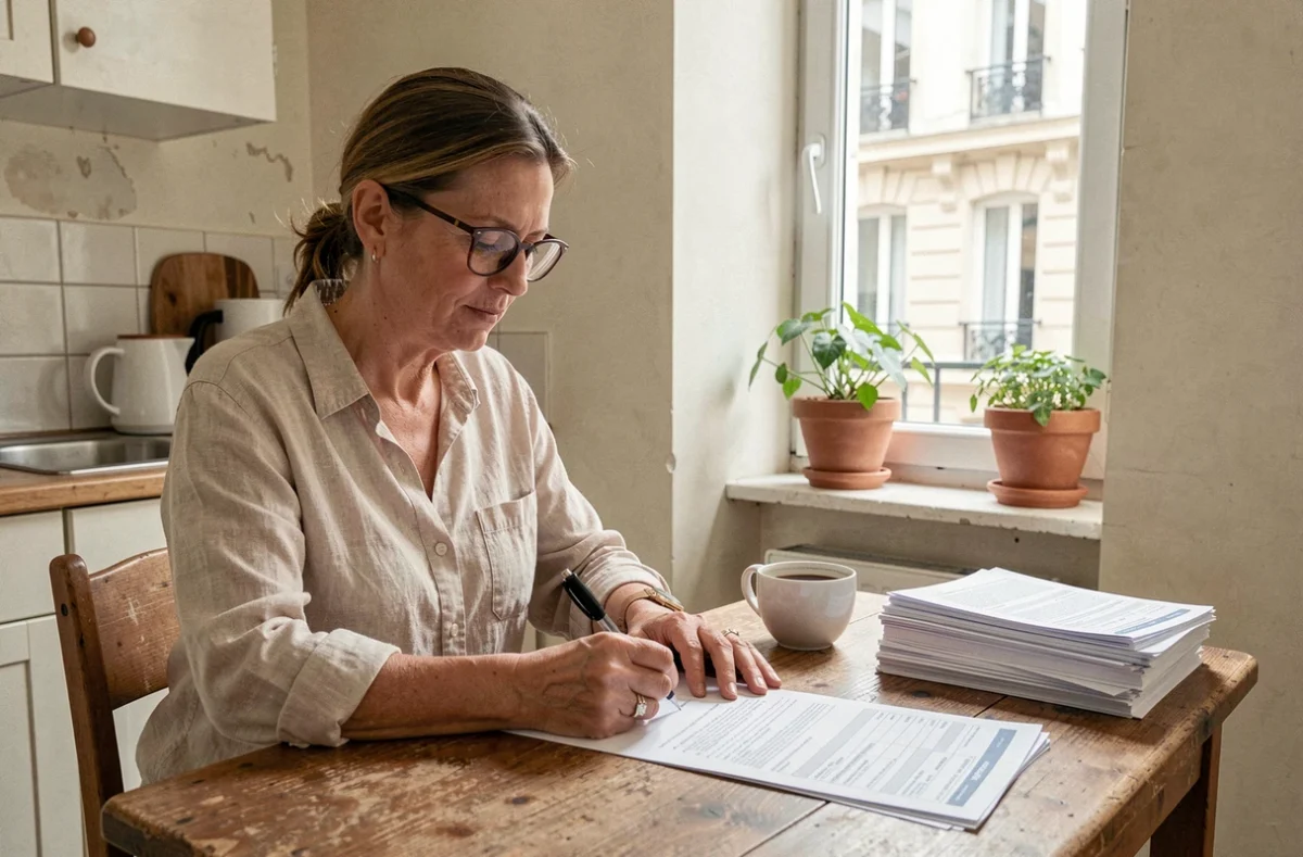 Femme remplissant un dossier LOC annonce pour un logement social dans un appartement parisien