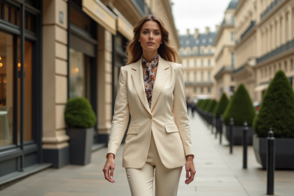 Femme élégante en tailleur crème dans une rue parisienne