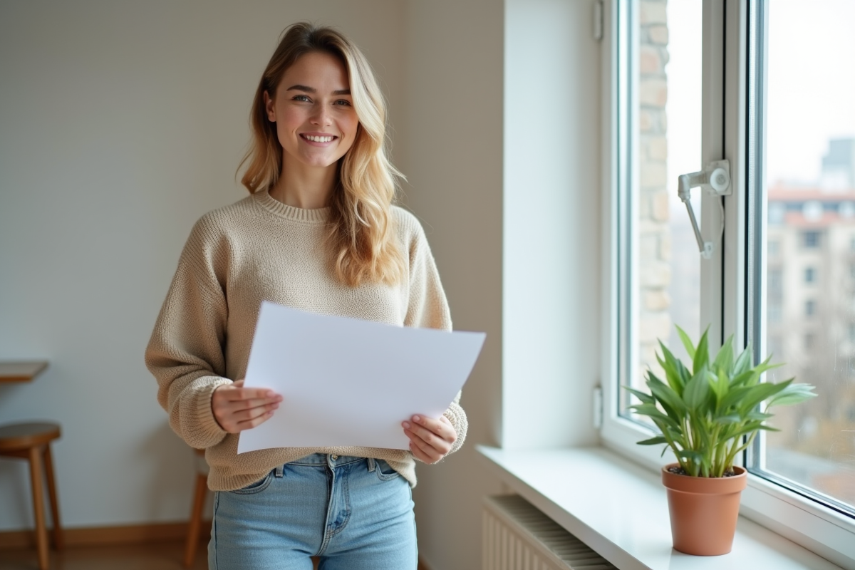 Jeune femme tenant documents RT 2012 dans appartement rénové