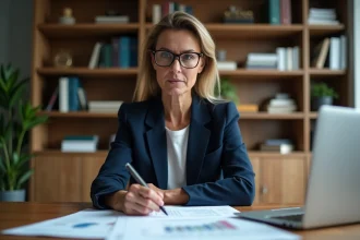 Femme entrepreneur étudiant des documents fiscaux et juridiques pour créer une SCI seule dans un bureau à domicile