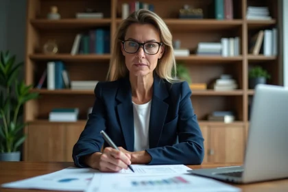 Femme entrepreneur étudiant des documents fiscaux et juridiques pour créer une SCI seule dans un bureau à domicile