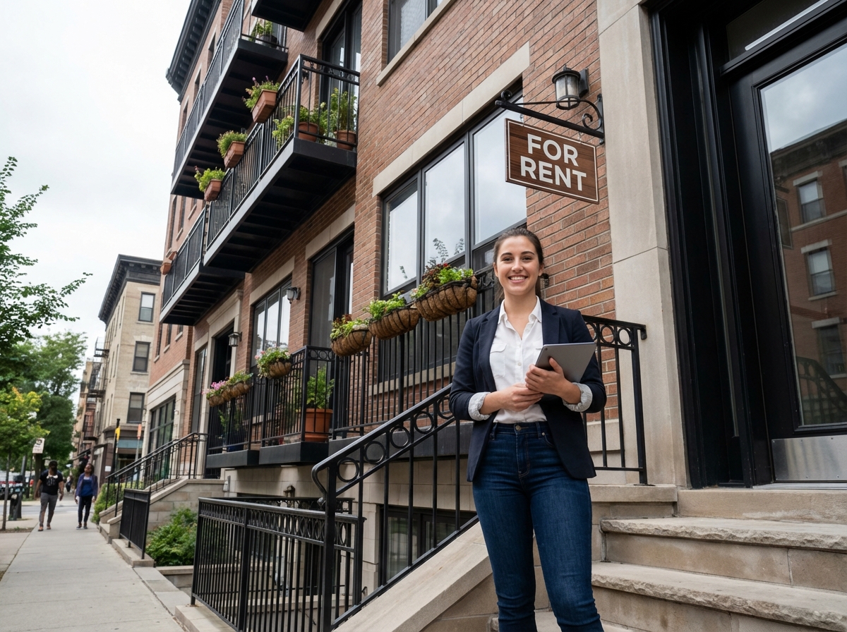Jeune femme souriante devant un immeuble rénové avec tablette