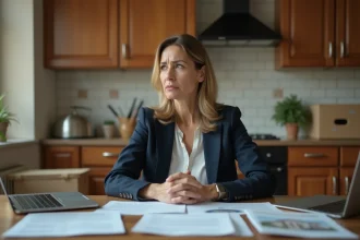 Femme anxieuse dans la cuisine avec documents immobiliers