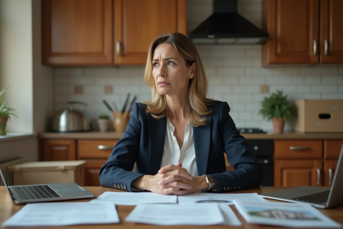 Femme anxieuse dans la cuisine avec documents immobiliers