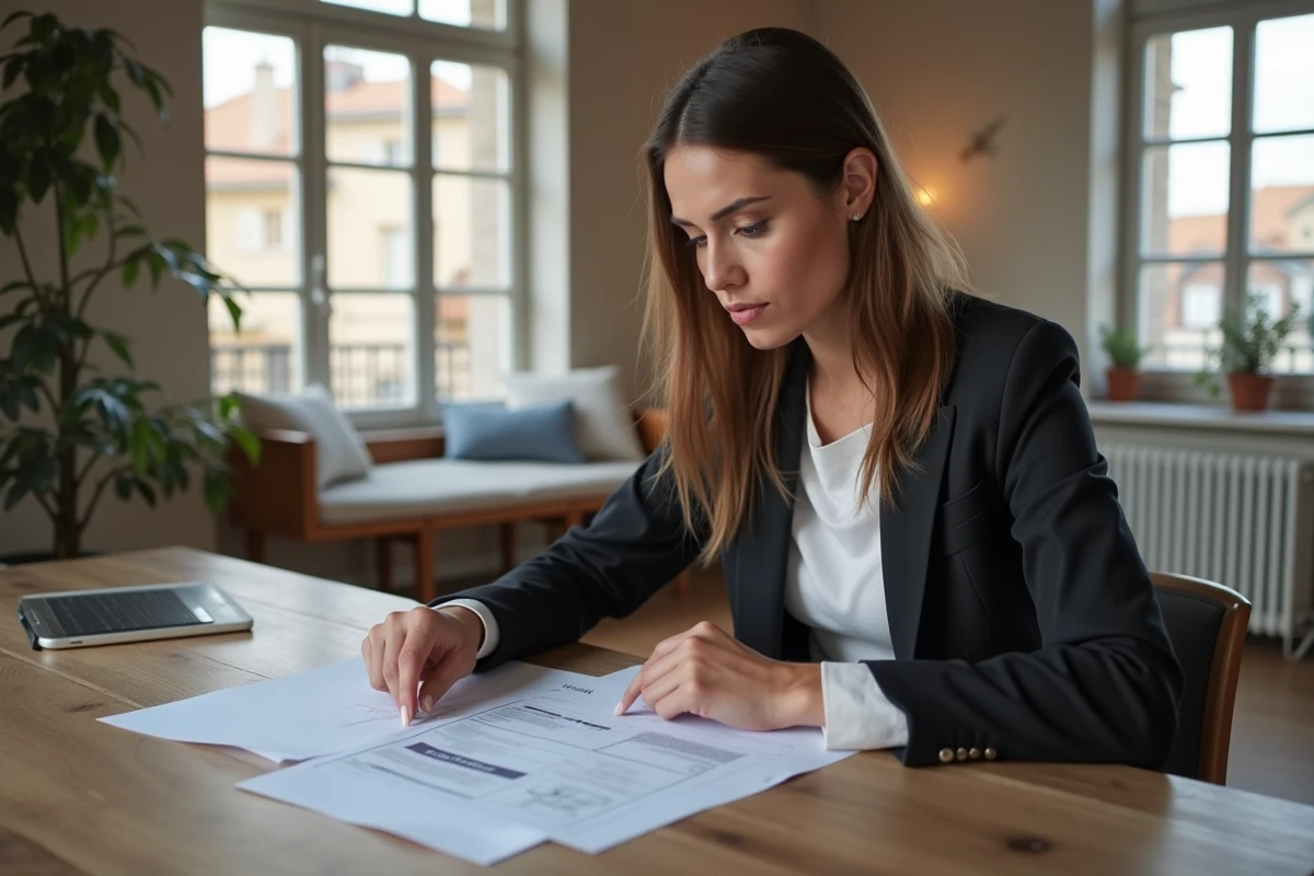 Jeune femme d'affaires examine documents dans un appartement lyonnais