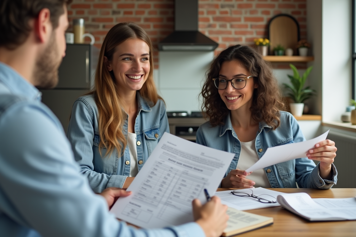 Jeune femme et agent immobilier au table de cuisine