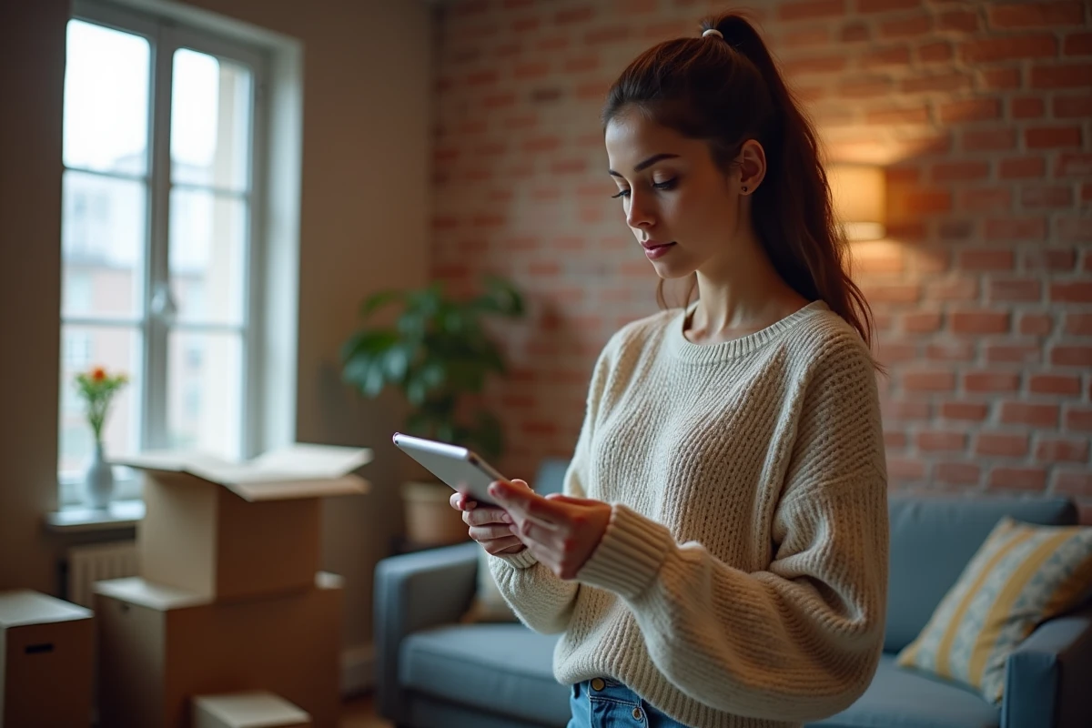 Jeune femme regardant une tablette dans un salon cosy