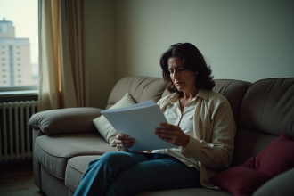 Femme inquiète tenant un dossier dans un appartement modeste