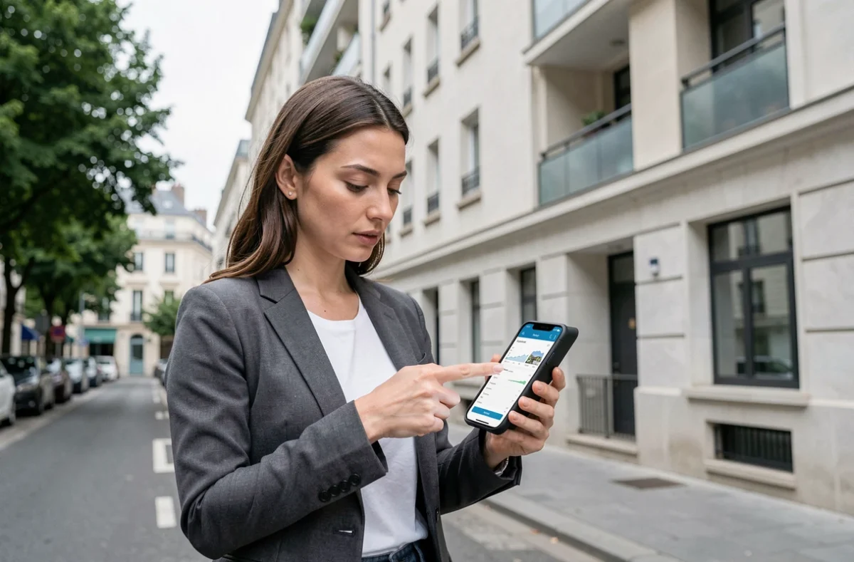 Jeune femme investisseur immobilier consultant un logiciel sur smartphone devant un immeuble résidentiel