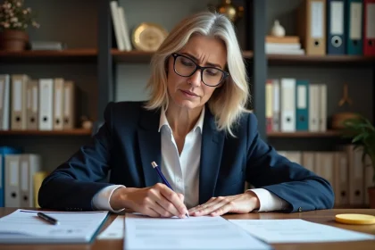 Femme lisant attentivement un contrat de bail immobilier dans un bureau &agrave; domicile, cherchant les pi&egrave;ges contractuels