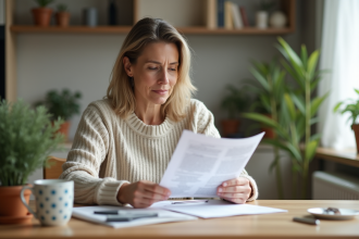 Femme d'âge moyen lisant des documents d'assurance à la maison