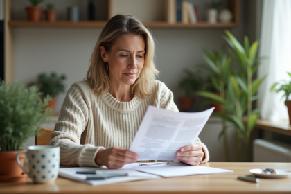 Femme d'âge moyen lisant des documents d'assurance à la maison