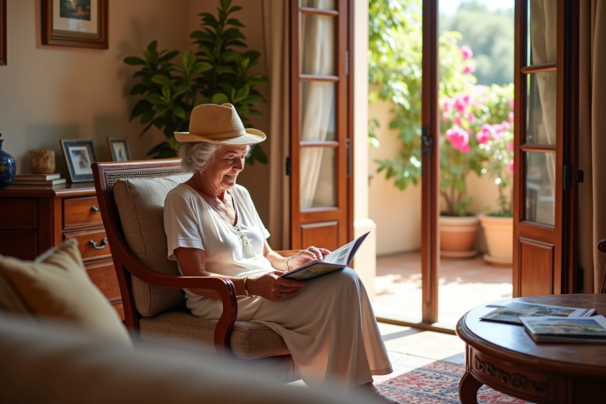 Femme &acirc;g&eacute;e lisant brochures immobili&egrave;res dans salon