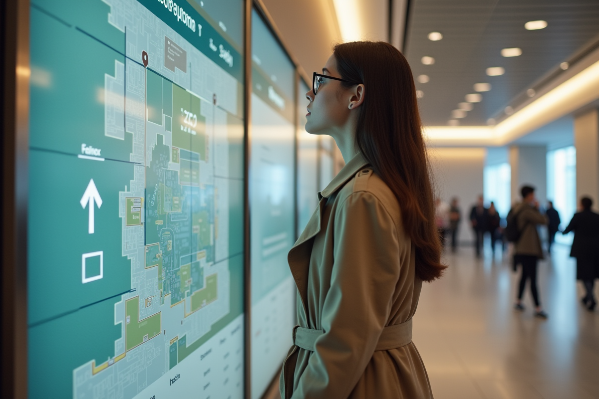 Jeune femme dans un hall moderne observant un plan