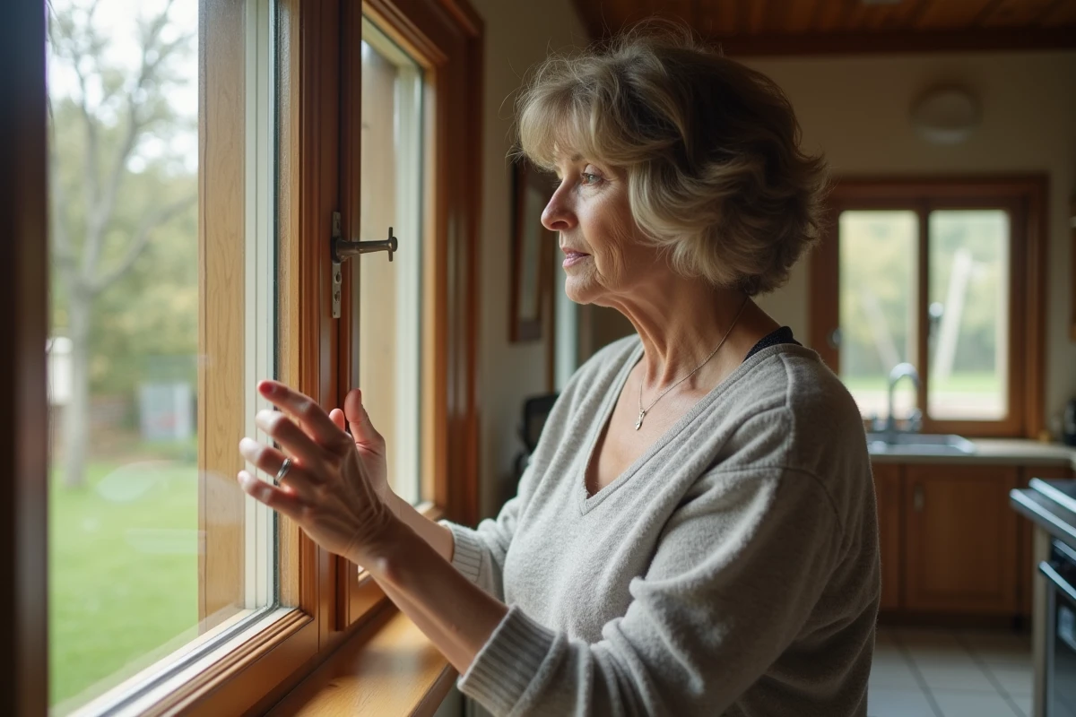 Femme vérifiant fenêtres et portes dans une maison accueillante