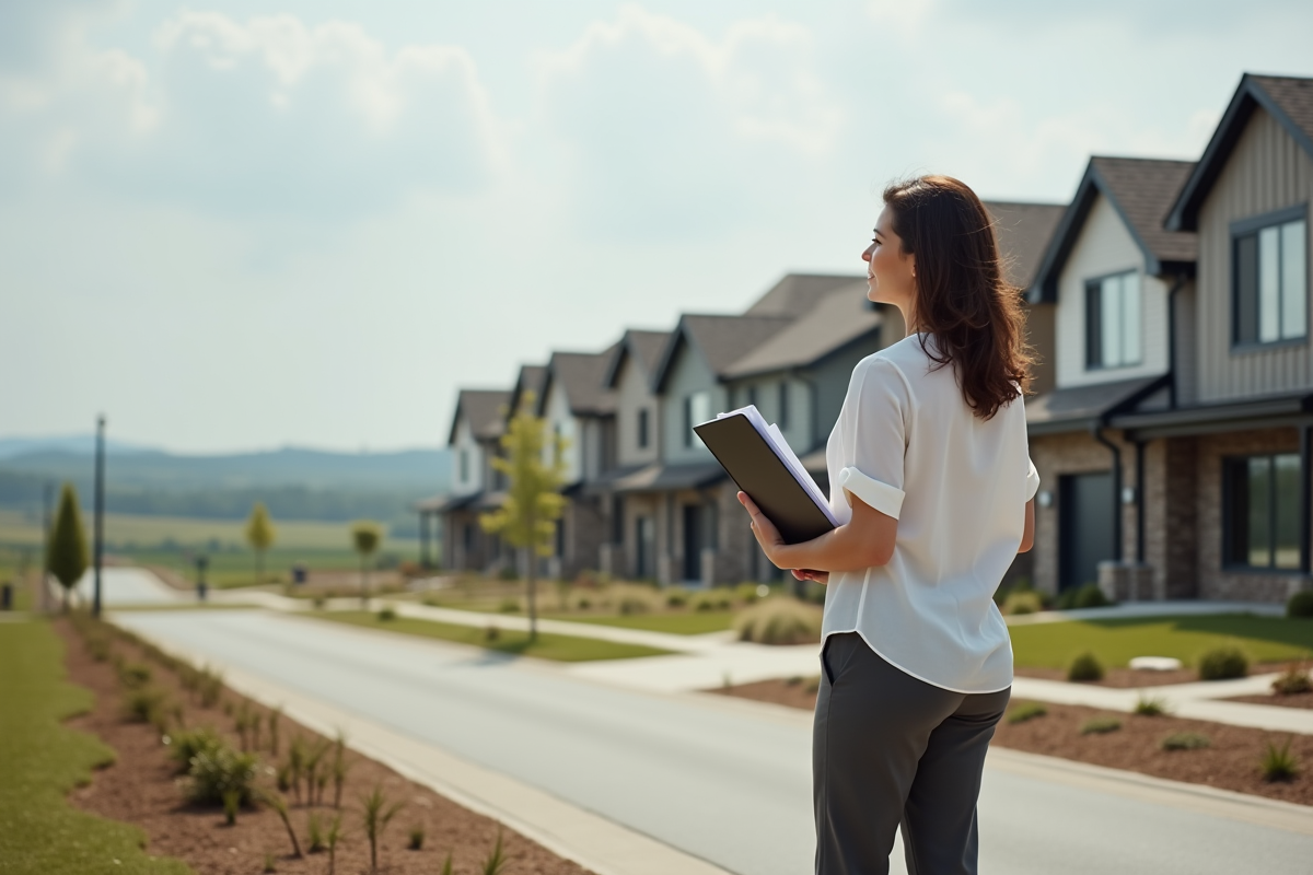 Femme d'âge moyen regardant un nouveau quartier résidentiel