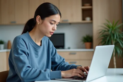 Jeune femme v&eacute;rifiant sa demande de logement sur son ordinateur
